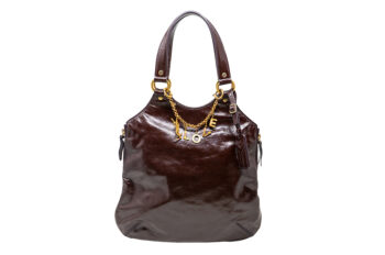 Glazed leather Yves Saint Laurent Tribute tote with gold-tone hardware and a signature "LOVE" charm.